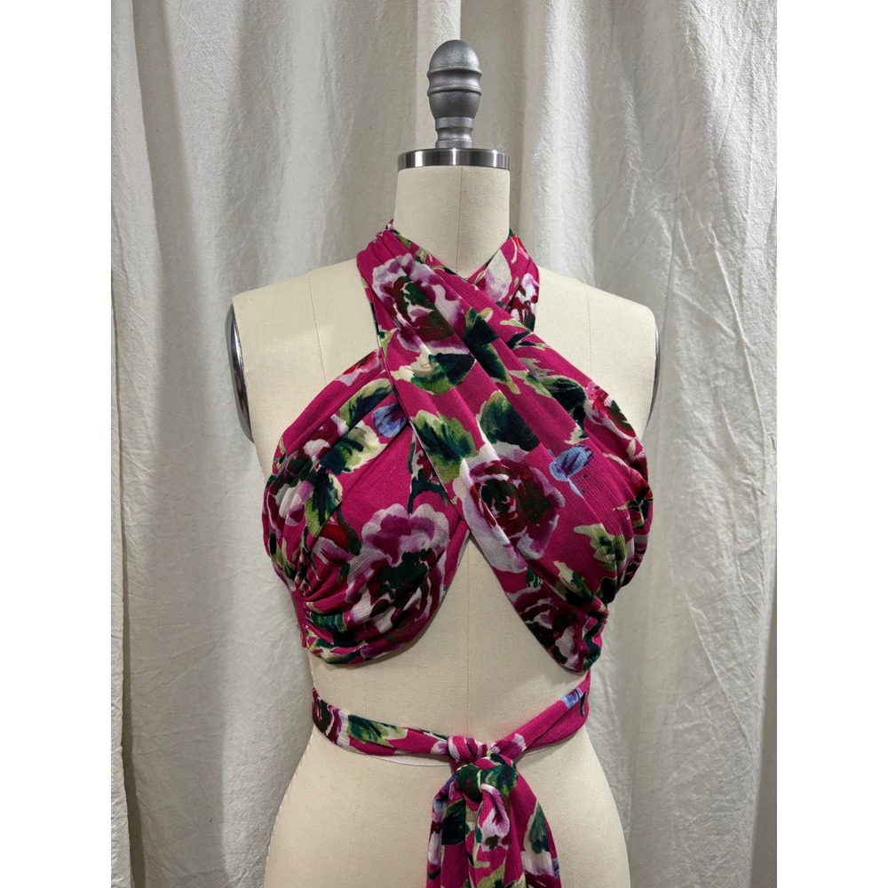 Lovers + Friends Revolve Pink Floral Cross Front Wrap Halter Crop Top Medium